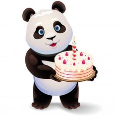 a panda bear holding a birthday cake