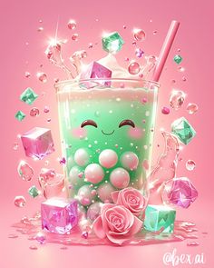 a green drink with pink roses and bubbles in it, surrounded by jewels on a pink background