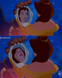 beauty and the beast is looking at her reflection in a mirror