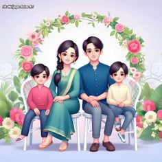 a family sitting on a white bench in front of a floral arch with pink flowers