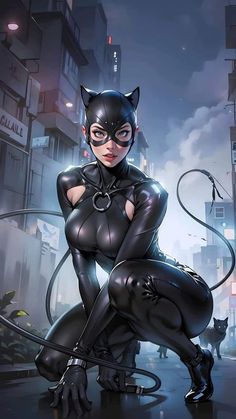 a woman dressed as catwoman sitting on the ground in front of a cityscape