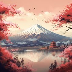 a painting of a mountain with cherry blossoms in the foreground and a lake on the other side