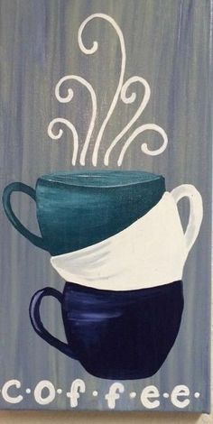 an acrylic painting of coffee cups with the word coffee on it, painted in blue and white