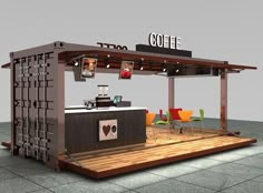 an outdoor coffee stand with tables and chairs on the ground, in front of a gray background