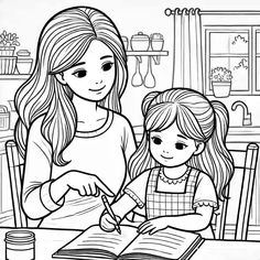 a mother and her daughter are sitting at the table coloring pages for adults to color