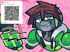 an image of a cartoon character holding a green box with a qr code on it