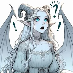 a drawing of a woman with blue eyes and horns