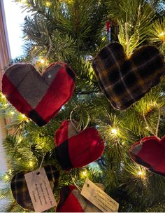 christmas tree decorated with red and black plaid heart ornaments