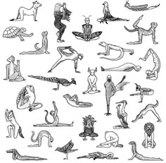 an image of some people doing different things in black and white, with the words yoga written