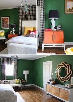 three different pictures of a bedroom with green walls and white furniture, including a bed