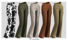 four different colored pants with cow prints on them, all in different colors and sizes