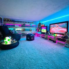 a living room filled with furniture and colorful lights