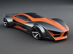 an orange and black sports car on a gray background