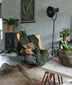 a living room filled with lots of furniture and plants on top of a wooden table