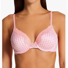 Maidenform 09404 Comfort Devotion Extra Coverage Lace Trim T-Shirt Bra Comfortable Bra With Full Coverage Cups For Support And Shape Featuring Feminine Lace Trim And Satin Bow Details In Pink And White Gingham Print Luxuriously Soft Sueded-Touch Fabric Back And Side Smoothing For A Sleek Look Extra Coverage For Comfort And A Sexy Shape Extra Soft Cloud Foam Cups Delicate Lace Details For A Gorgeous Look 3x2 Hook And Eye Rear Closure Adjustable Straps Leotard Back For Stay-Put Strap Support Underwire With Super-Soft Casing New With Tags Maidenform Line: Comfort Devotion Style No.: 09404 Sizes Available: 36b, 38b Color Code: Aitp Color Name: Gingham Rose Bloom 81/19 Nylon/Elastane New T Bra Collection, Wonder Bra, Coverage Bras, Convertible Bra, Black Lace Bralette, Comfortable Bras, Full Coverage Bra, Everyday Bra, Womens Bras