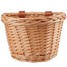 a wicker basket with leather handles on a white background