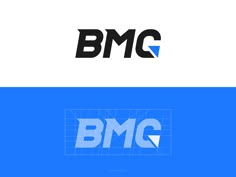 the logo for bmg is shown in black and white, with blue background