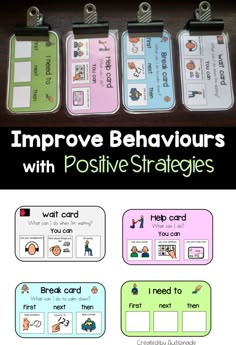 an image of improve behavior cards with positive and negative words on them for students to use