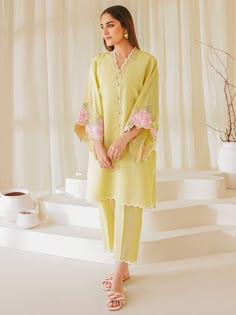 Floral pink and yellow pearl wear Lemon Color Dress, Yellow Suit Design, Baju Kahwin, Lemon Color, Yellow Suit, Lace Dress Design, Indian Designer Suits, Shirt Trouser, Neck Designs For Suits