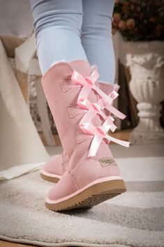 SMAIBULUN Ugg | TRI RIBBON BOW SUEDE BOOTS - PINK Luxury Pink Boots For Fall, Ribbon Red Ugg, Pink Ugg Boots Nordstrom, Pink Ugg Boots Zappos, Pink Ugg Boots Ugg, Aka Ugg Boots, Pink Slipper Boots, Pink Ugg Boots Low, Ugh Boots Pink