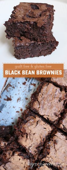 chocolate brownies cut into squares on a white plate with text overlay that reads, guilt free and gluten free black bean brownies