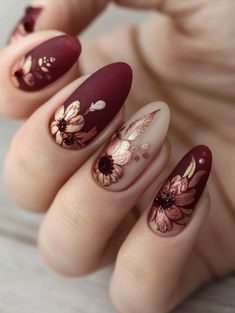 Burgundy Nail Art, Floral Nail Art, Autumn Nails, Nail Designs Spring, Floral Nails, Fall Nail Designs