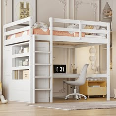 a white bunk bed sitting next to a desk and chair