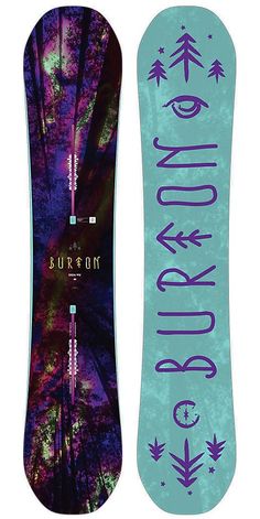 a snowboard with the words burton on it and an image of trees in the background