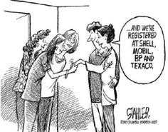 a cartoon depicting a woman handing another woman something