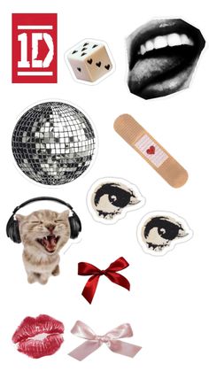 various stickers and decorations are arranged in the shape of a cat with headphones