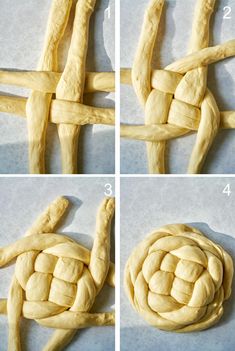 four pictures showing how to make braided bread