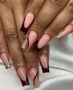 Burgundy Dress Nails Ideas, Burgundy Formal Nails, Fall Season Nails Burgundy, Yellow And Burgundy Nails, Burgundy Fall Nails Acrylic, Burgundy And Gold Nails Short, Acrylic Nail Fall Designs, Cute Fall Nails Ideas Autumn 2024, Fall Designs For Nails Autumn