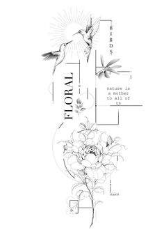 a black and white drawing of a bird flying over flowers