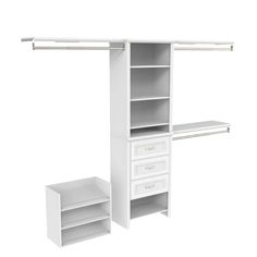 an image of a white closet with drawers and shelving unit on the bottom shelf