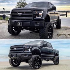 two pictures side by side of a black truck on the beach and in front of an ocean