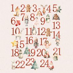 the numbers are made up of different types of animals and christmas tree decorations on them