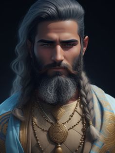 an image of a man with long hair and beard wearing a golden outfit, braided in