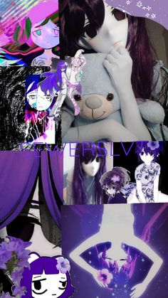 the collage shows an image of a woman holding a teddy bear and wearing purple clothing