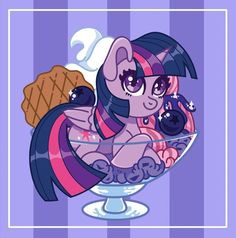 a cartoon pony sitting in a bowl with ice cream