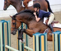 a woman riding on the back of a brown horse over an obstacle