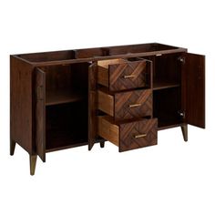 the sideboard is made from wood and has three drawers, one with two open doors