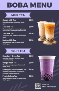 the menu for boba tea is shown in blue and purple colors, with two drinks on