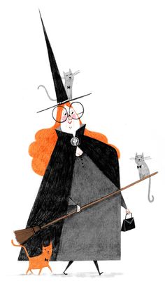 a drawing of a woman dressed as a witch holding a broom and a cat on the other side