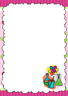 a pink and green striped background with a white frame on the bottom that has an image of flasks in it