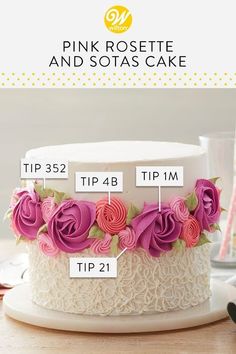 a pink rosette and sotass cake on a table with the words tips tip 4b tip 1m