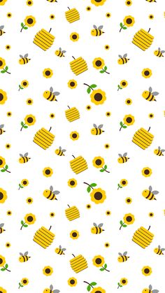 bees and sunflowers on a white background seamless pattern with honeycombs