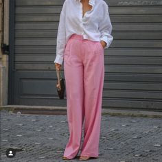 Pink Viscous Style With Pink Pants, Pink Tonal Outfit, Pink Cotton Pants Outfit, Pink Pants Office Outfit, Wide Pink Pants Outfit, Light Pink Wide Leg Pants Outfit, Light Pink Dress Pants Outfit, Pink Linen Trousers Outfit, Chic Wide-leg Work Pants With Pockets