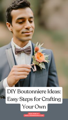 Stunning groom with a handmade boutonniere with flowers and ribbon, crafted using DIY methods for weddings and special events. Diy Butiner Wedding, Diy Button Holes Wedding, Make A Boutonniere, Diy Boutonniere Wedding, Boutonniere Ideas, Diy Boutonniere, Wedding Boutonnieres, Small Backyard Wedding, Button Holes Wedding