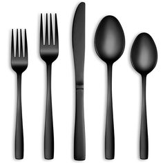 an assortment of black utensils and spoons