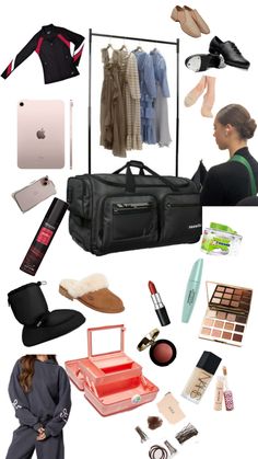 the contents of a travel bag are arranged on a white background, including shoes, clothing, and other items